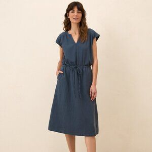 New Pact Coastal Double Gauze Tie Waist Midi Dress in French Navy XL